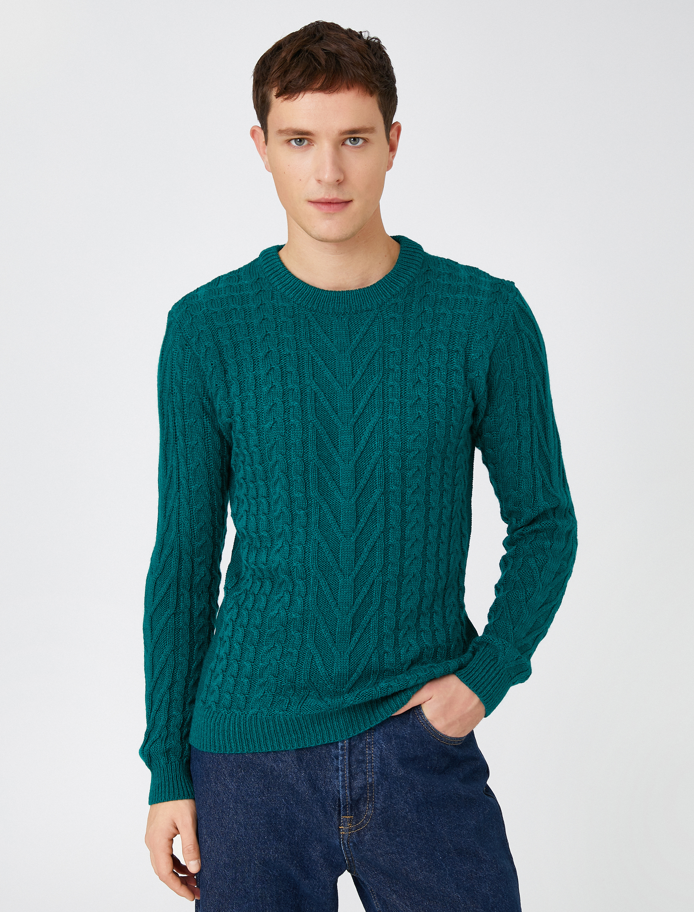   Basic Triko Kazak Saç Örgülü Bisiklet Yaka