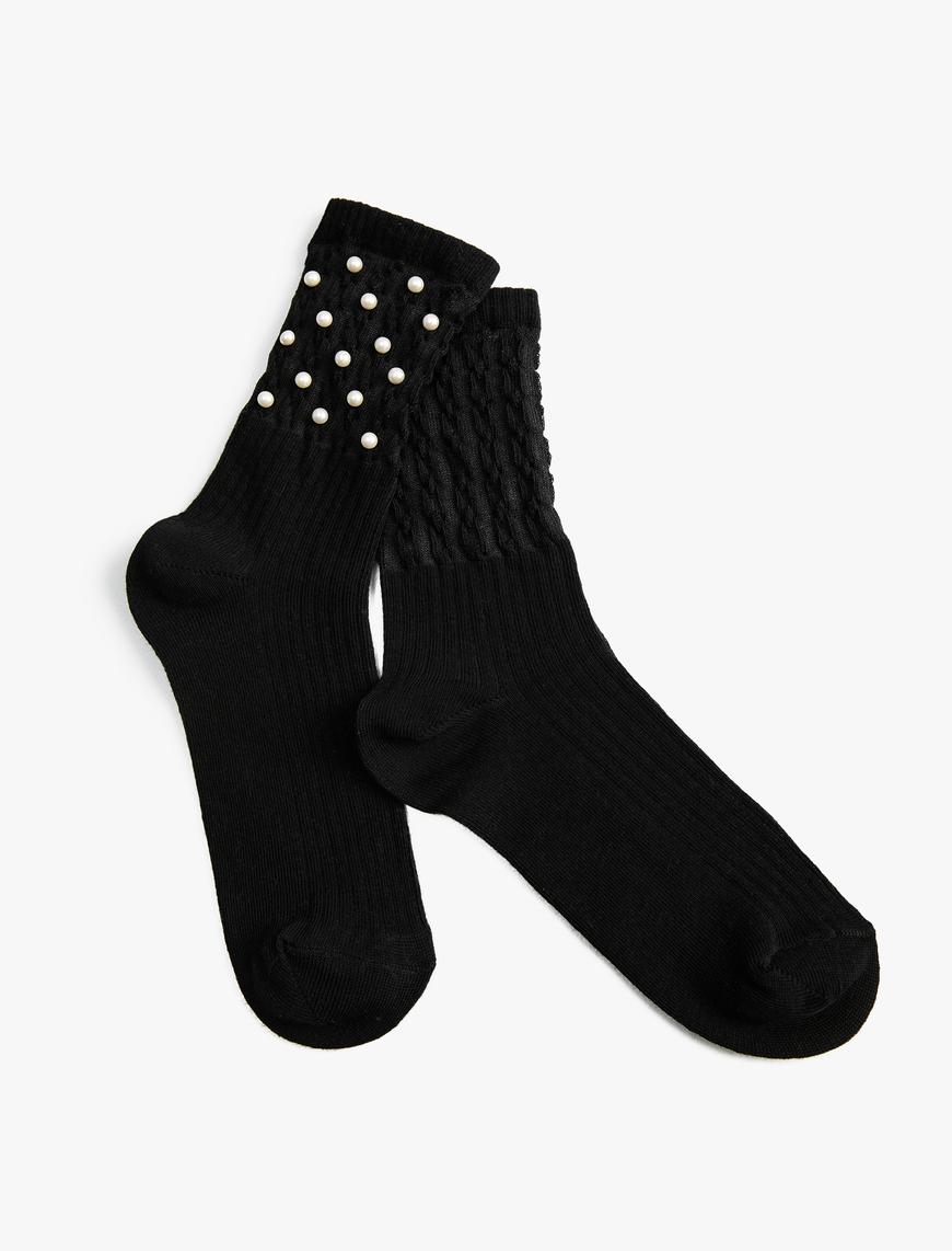  Kadın Basic Soket Çorap İnci Boncuk Detaylı