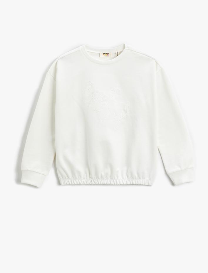 Kız Çocuk Basic Sweatshirt İşleme Detaylı Bisiklet Yaka Pamuklu
