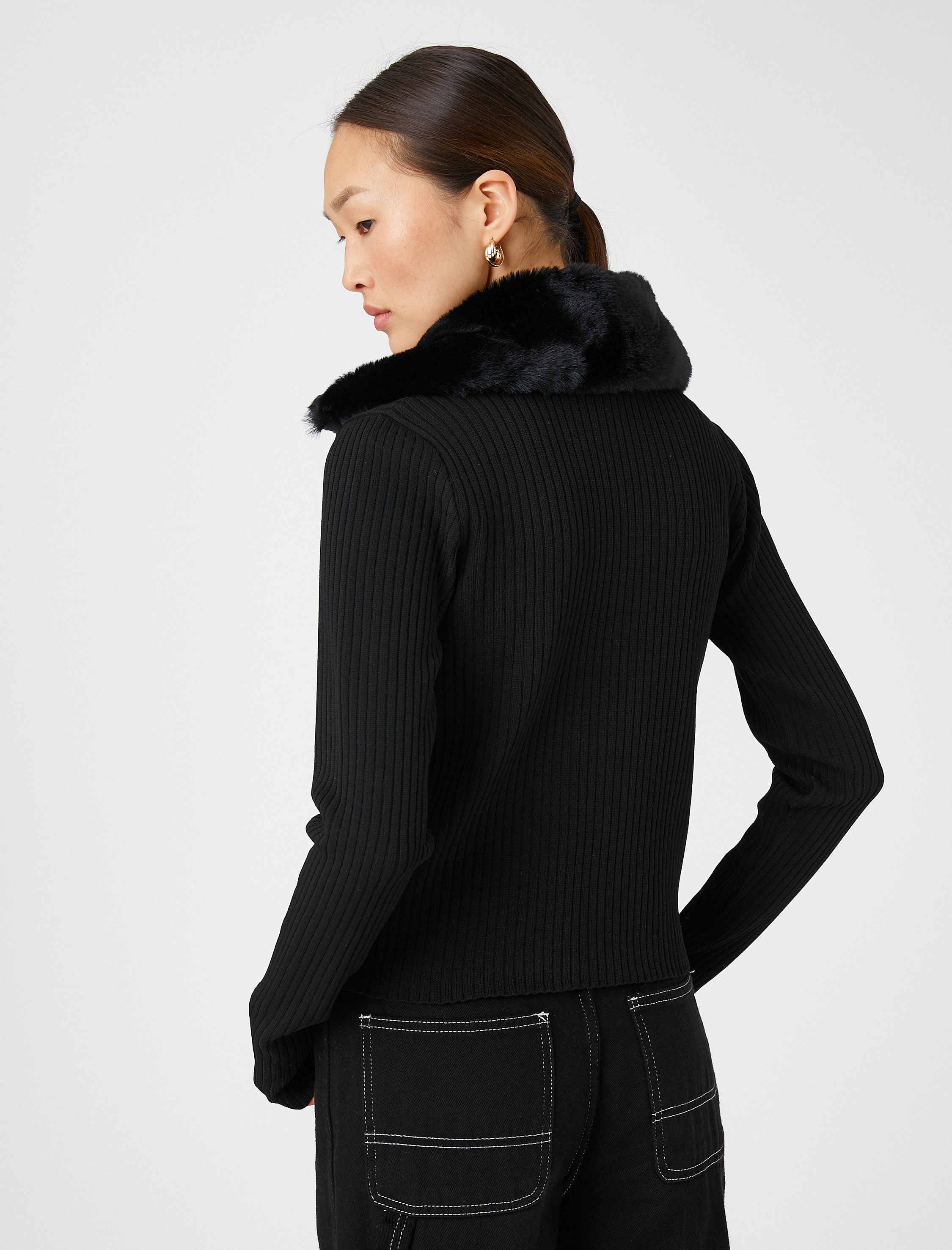   Ribanalı Fermuarlı Hırka Peluş Katlı Yaka Dar Kesim