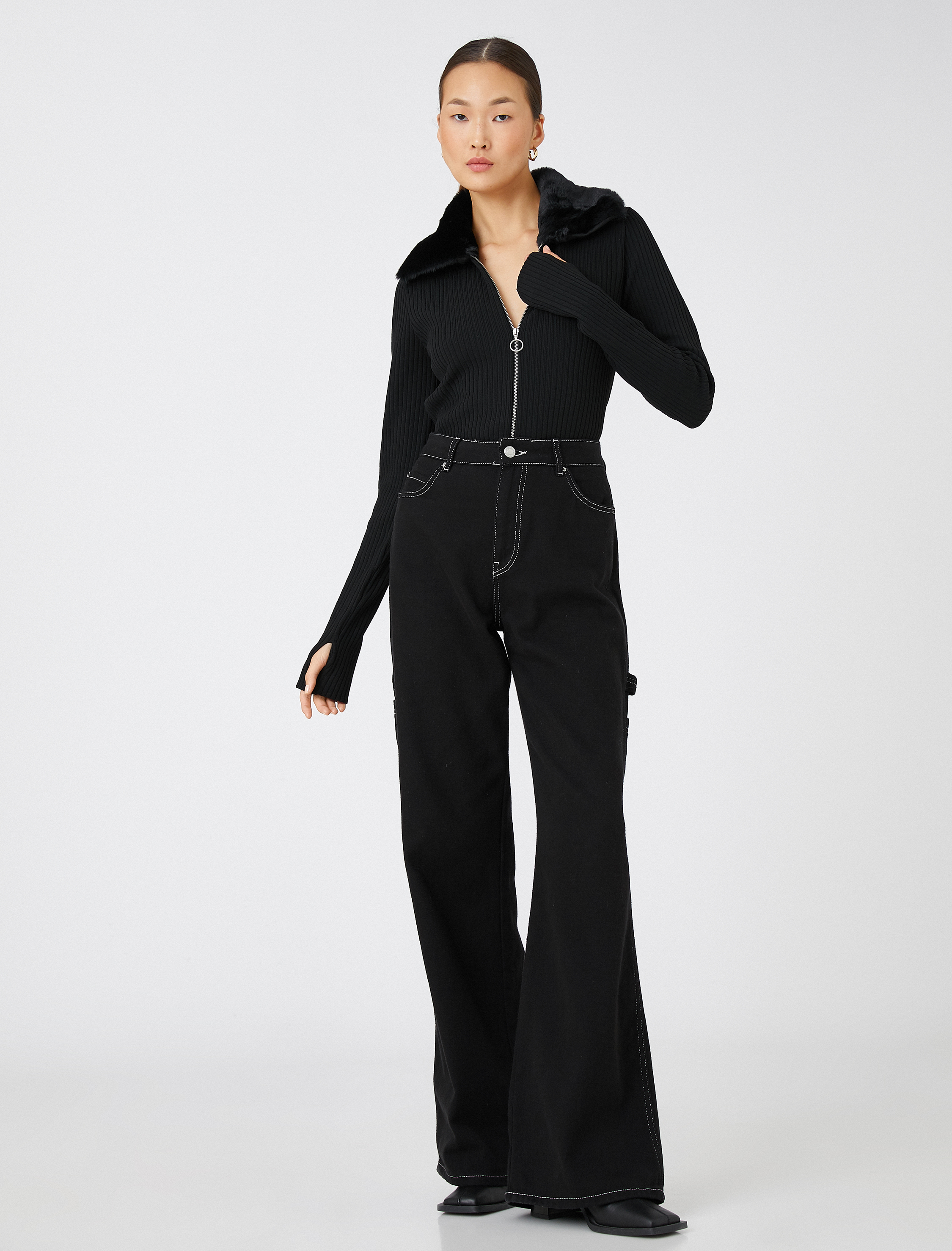   Ribanalı Fermuarlı Hırka Peluş Katlı Yaka Dar Kesim