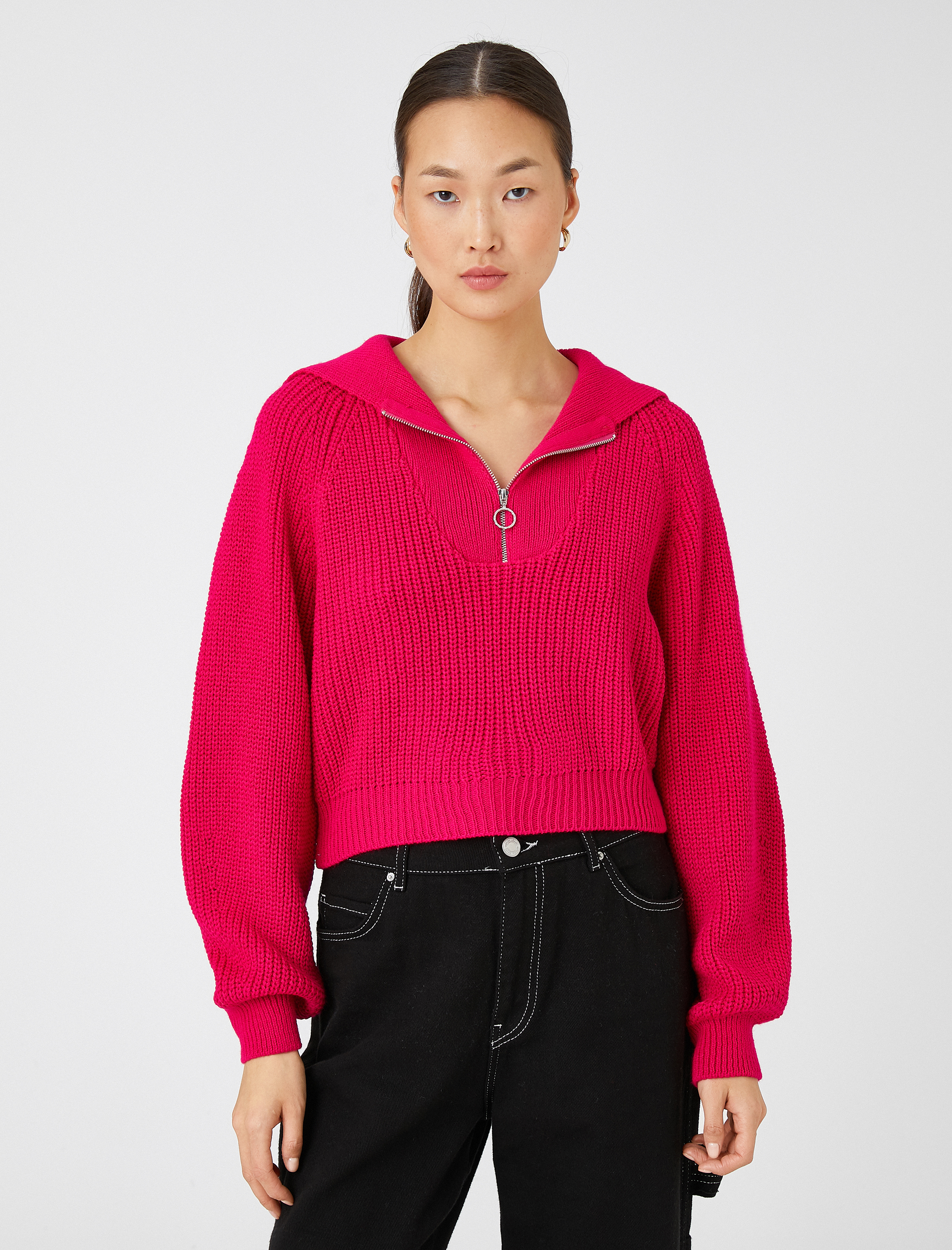   Crop Triko Kazak Yarım Fermuarlı Uzun Kollu Kaşmir Dokulu