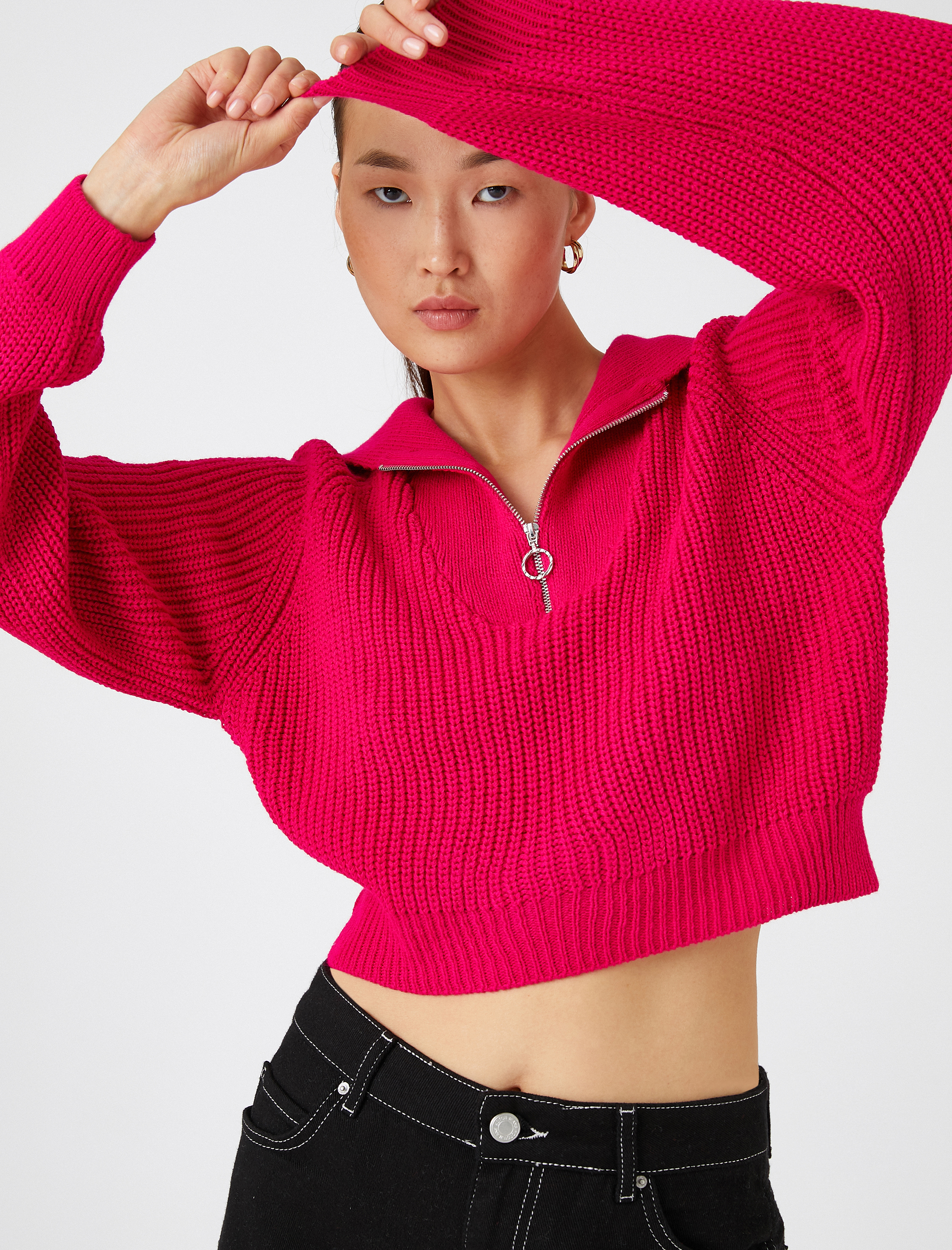   Crop Triko Kazak Yarım Fermuarlı Uzun Kollu Kaşmir Dokulu