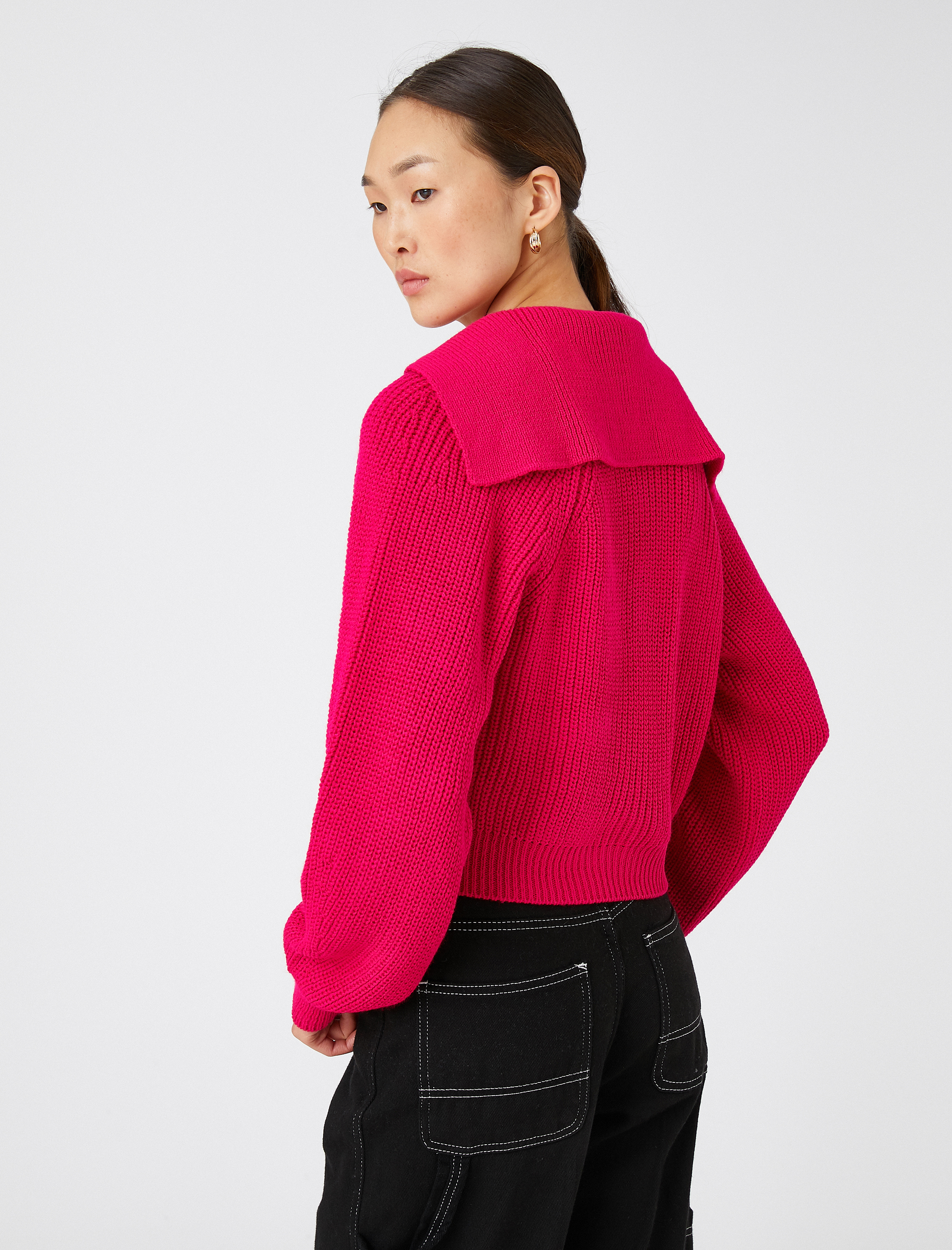   Crop Triko Kazak Yarım Fermuarlı Uzun Kollu Kaşmir Dokulu