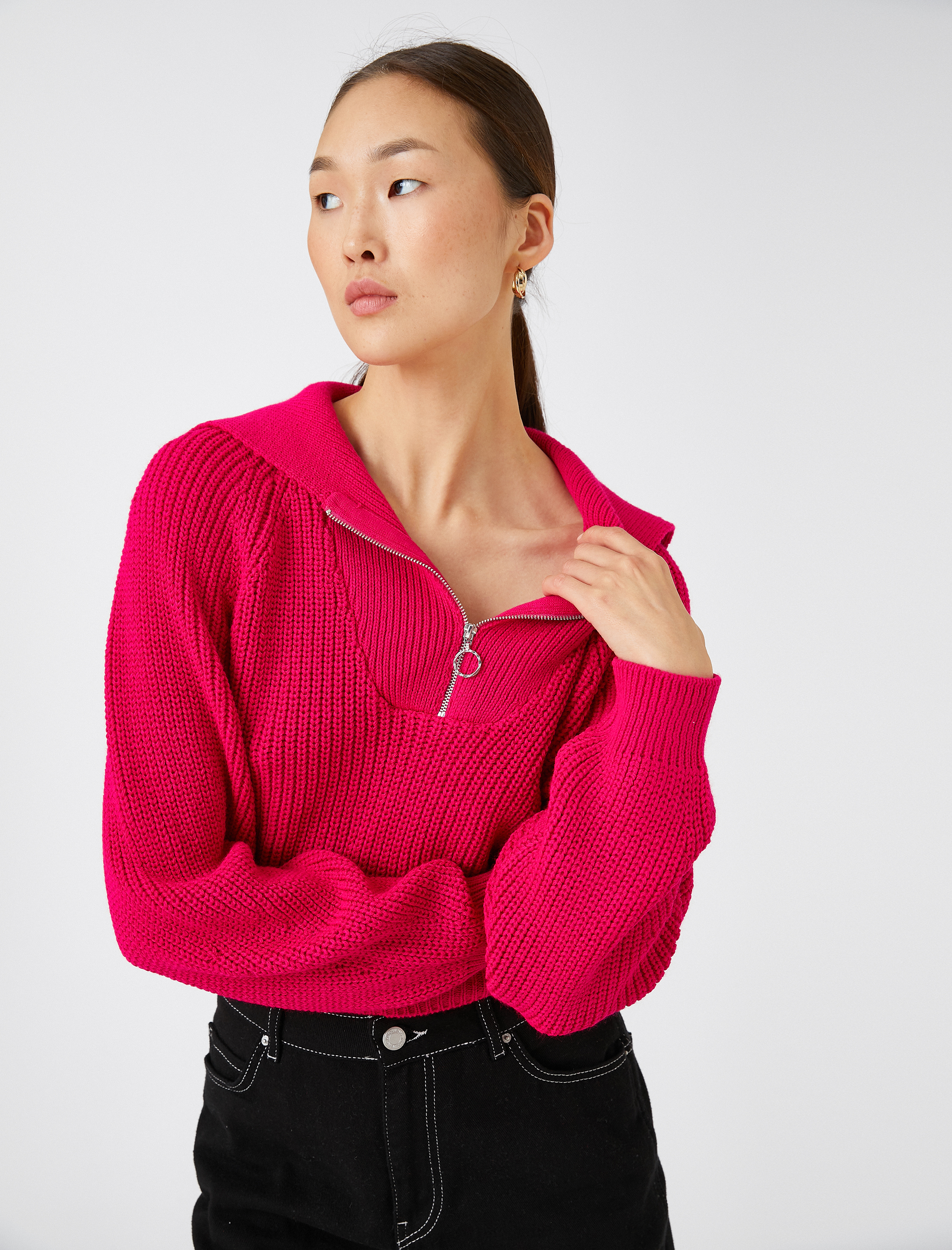   Crop Triko Kazak Yarım Fermuarlı Uzun Kollu Kaşmir Dokulu