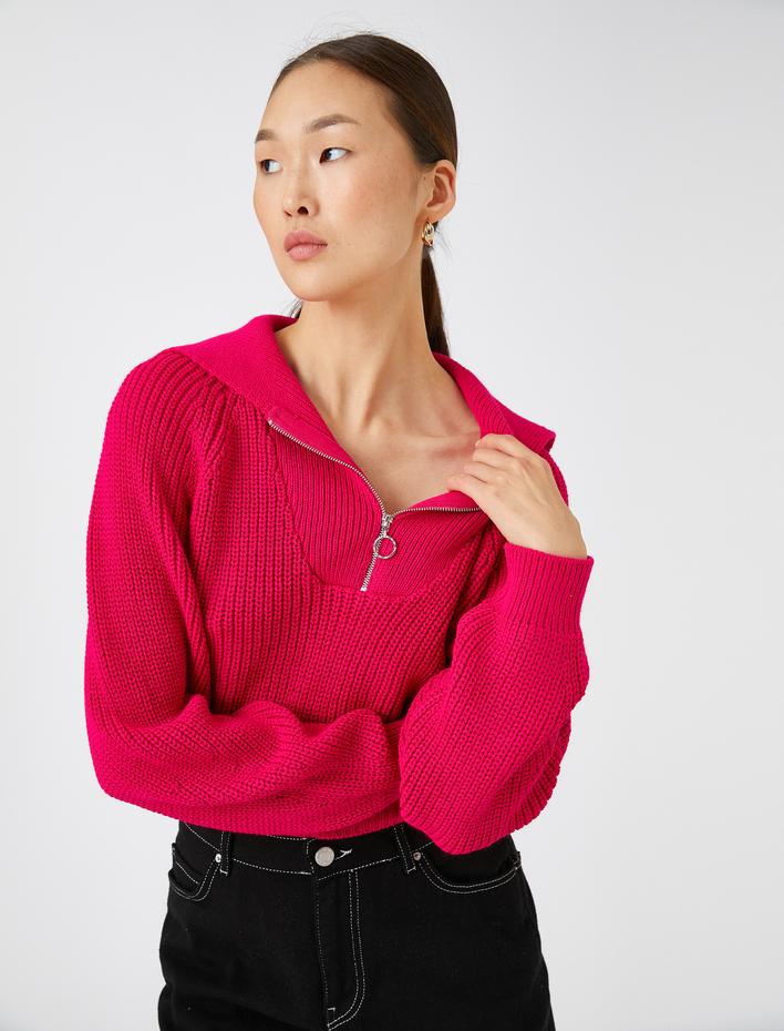  Crop Triko Kazak Yarım Fermuarlı Uzun Kollu Kaşmir Dokulu