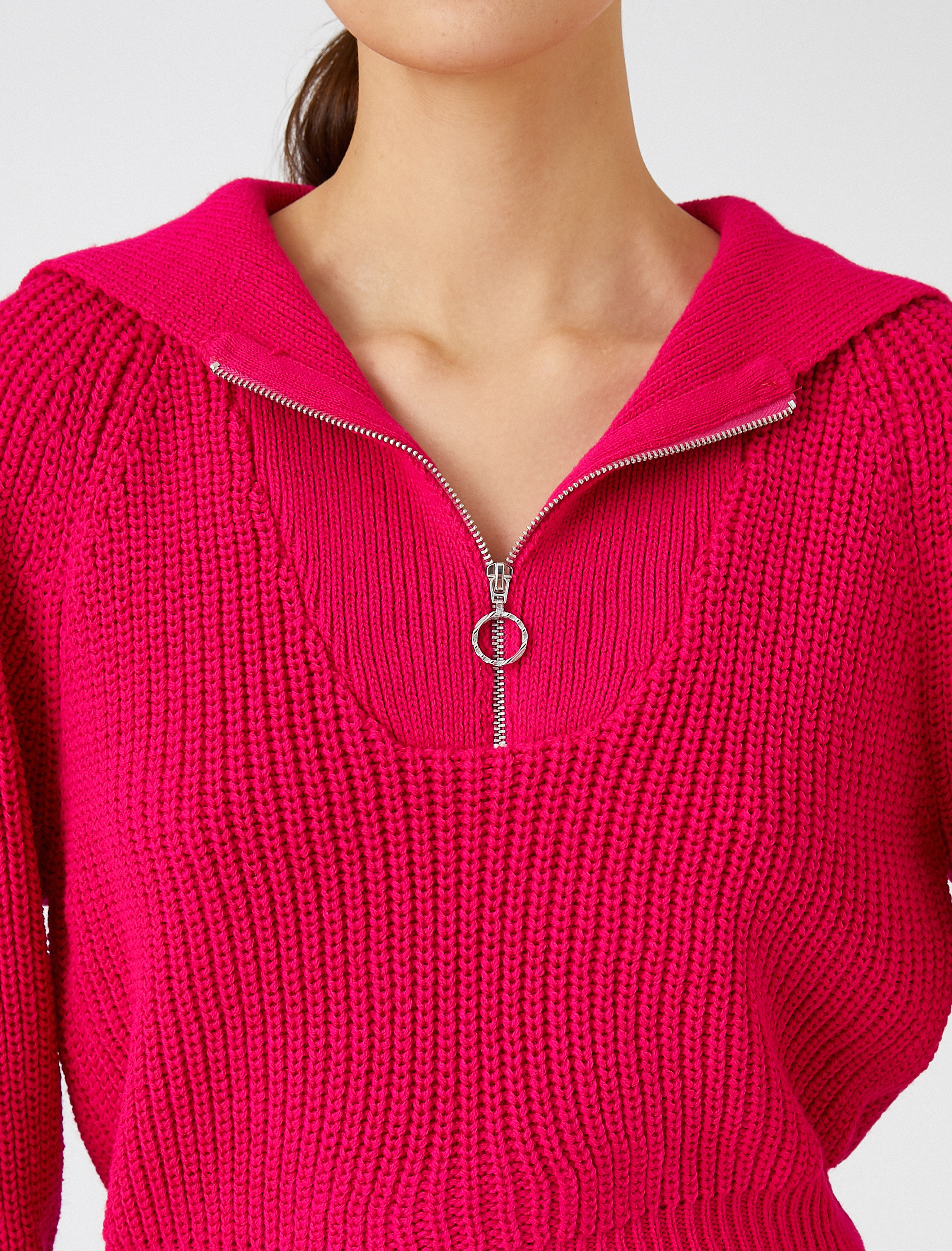   Crop Triko Kazak Yarım Fermuarlı Uzun Kollu Kaşmir Dokulu