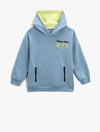 Kapşonlu Sweatshirt Baskı Detaylı Fermuarlı Cepli Renk Kontrastlı