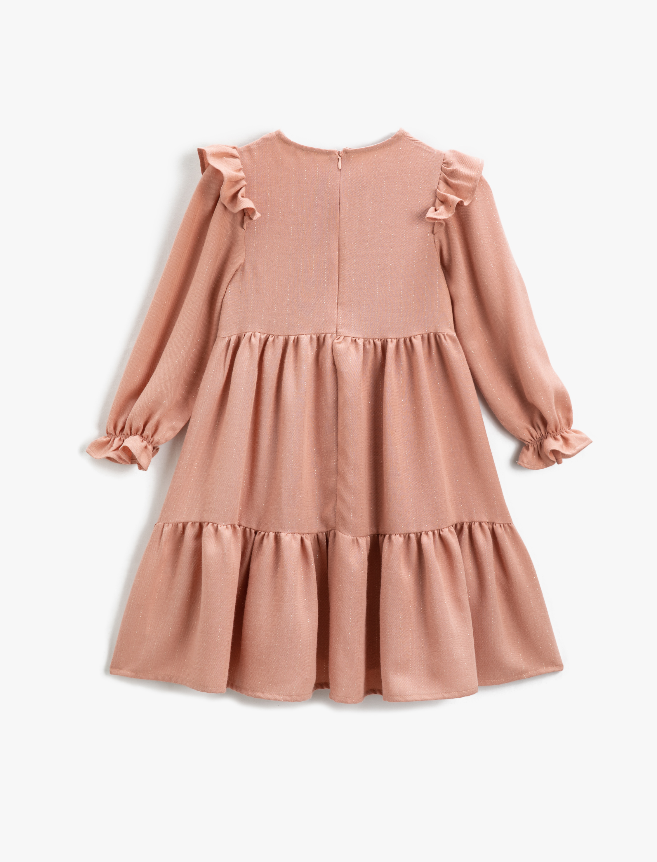  Kız Çocuk Fırfırlı Çiçek İşlemeli Elbise Uzun Kollu Parıltılı Bisiklet Yaka