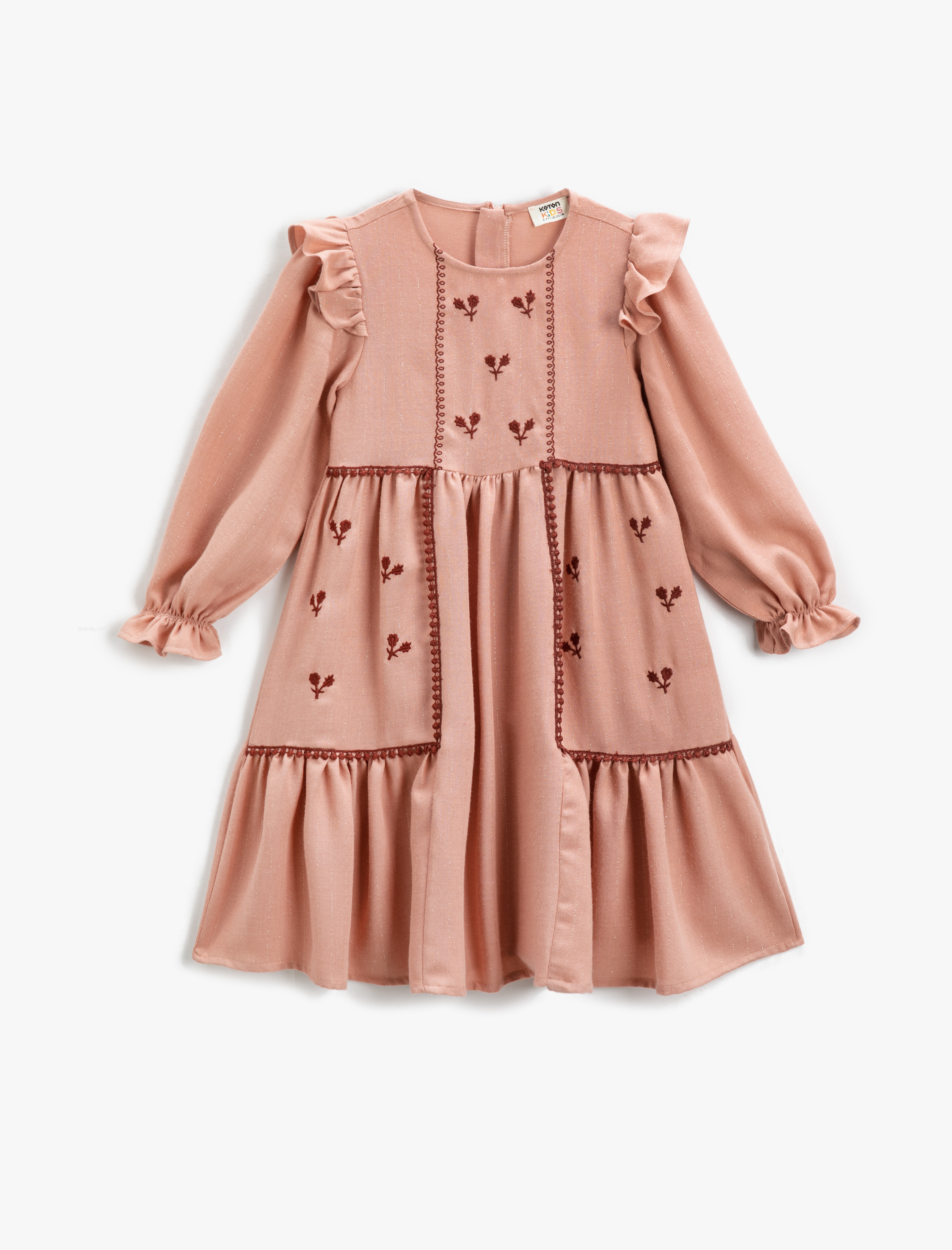  Kız Çocuk Fırfırlı Çiçek İşlemeli Elbise Uzun Kollu Parıltılı Bisiklet Yaka