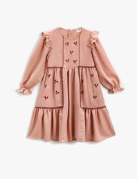 Fırfırlı Çiçek İşlemeli Elbise Uzun Kollu Parıltılı Bisiklet Yaka