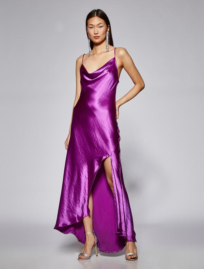  Saten Abiye Elbise Uzun Yırtmaçlı Degaje Yaka