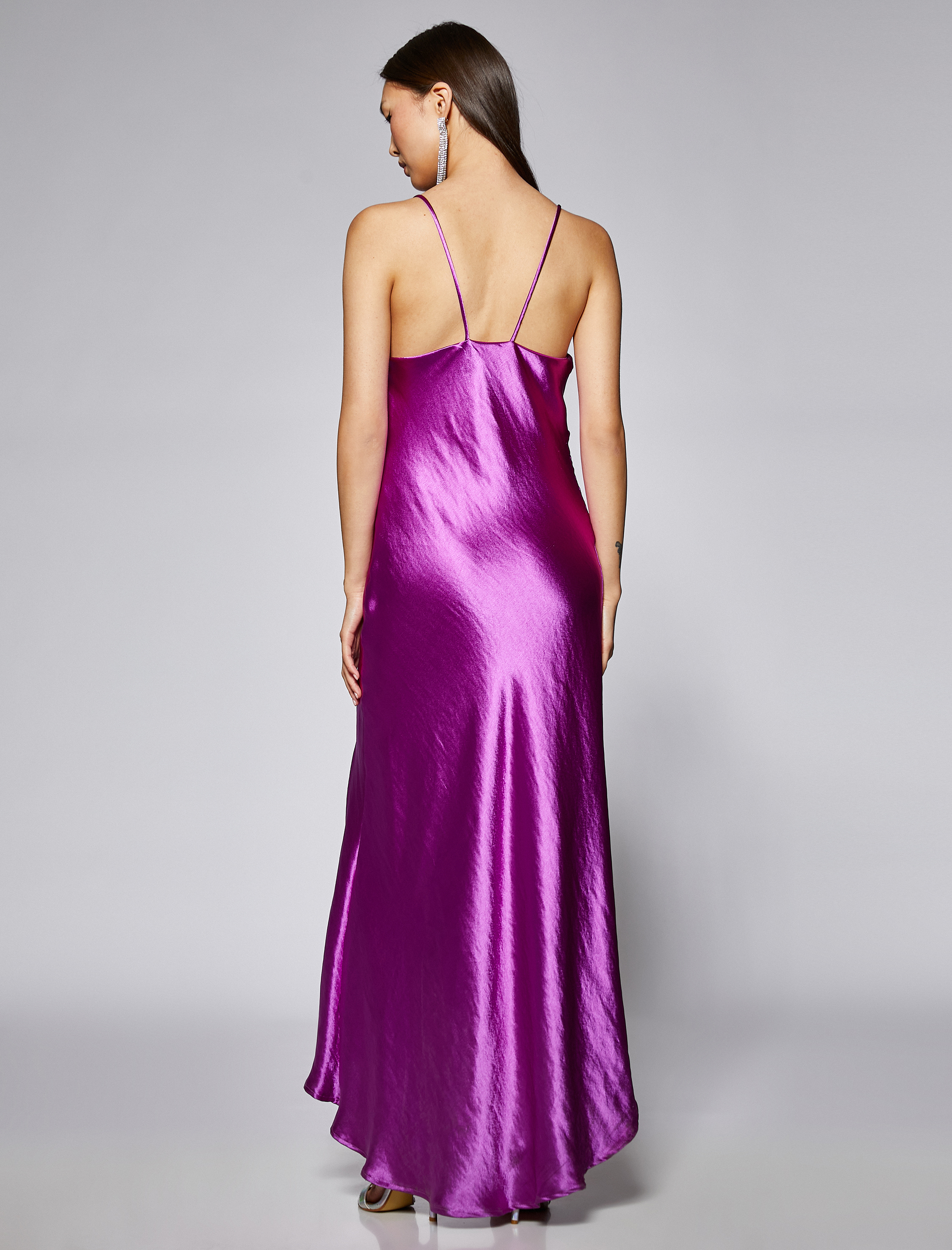   Saten Abiye Elbise Uzun Yırtmaçlı Degaje Yaka