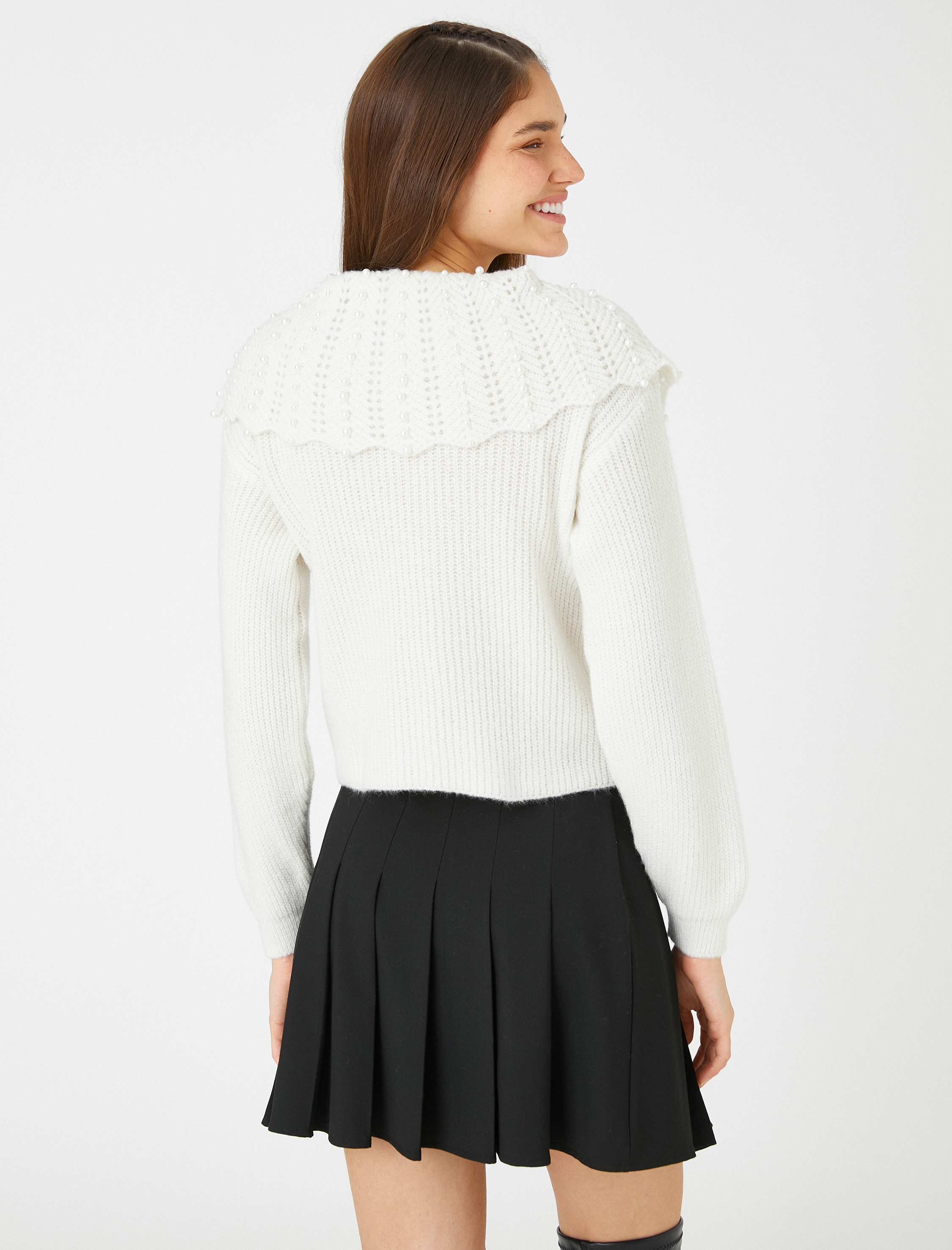   İncili Triko Kazak Yakası Kurdele Detaylı Uzun Kollu Örgü