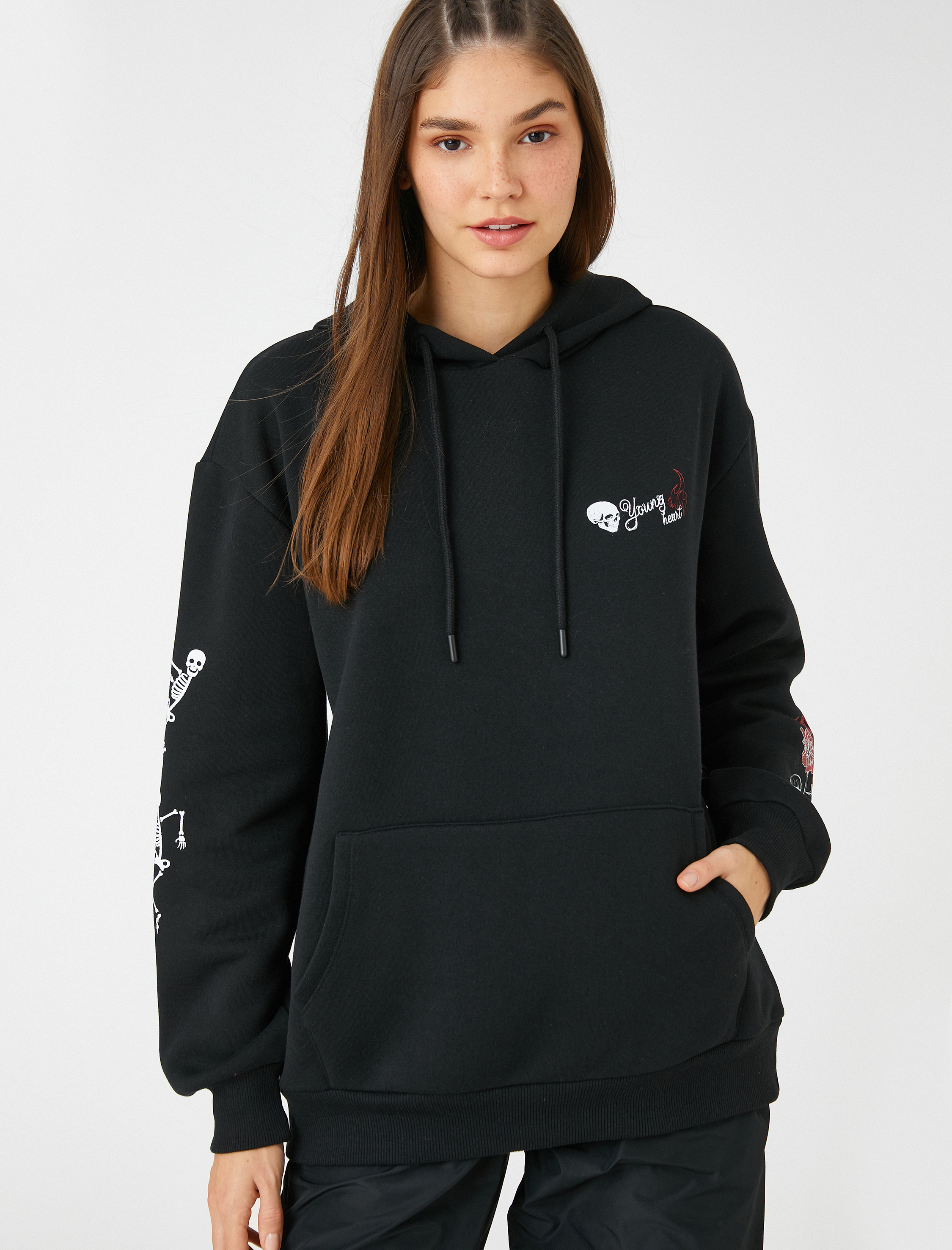   Şardonlu Oversize Sweatshirt Kapüşonlu Kanguru Cepli Baskılı