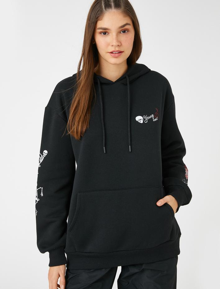  Şardonlu Oversize Sweatshirt Kapüşonlu Kanguru Cepli Baskılı