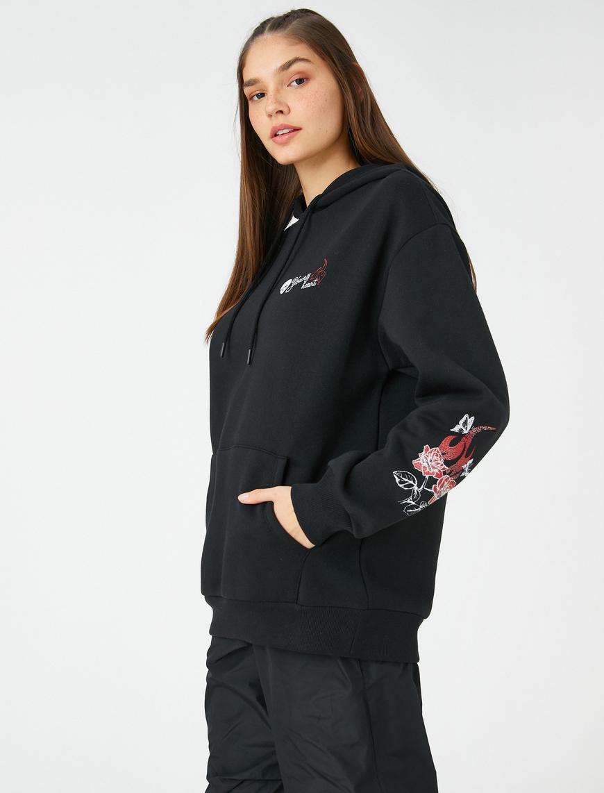   Şardonlu Oversize Sweatshirt Kapüşonlu Kanguru Cepli Baskılı