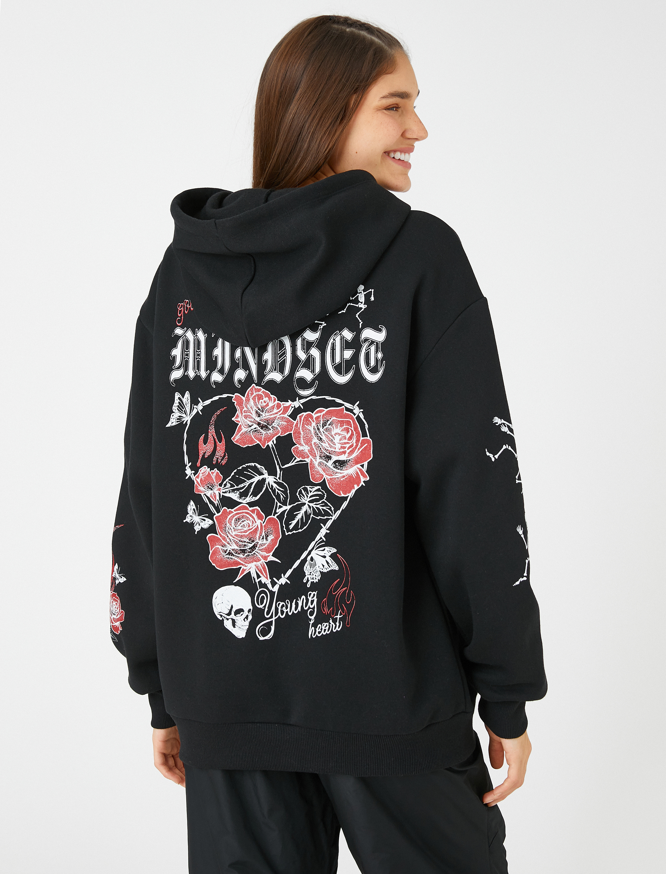   Şardonlu Oversize Sweatshirt Kapüşonlu Kanguru Cepli Baskılı