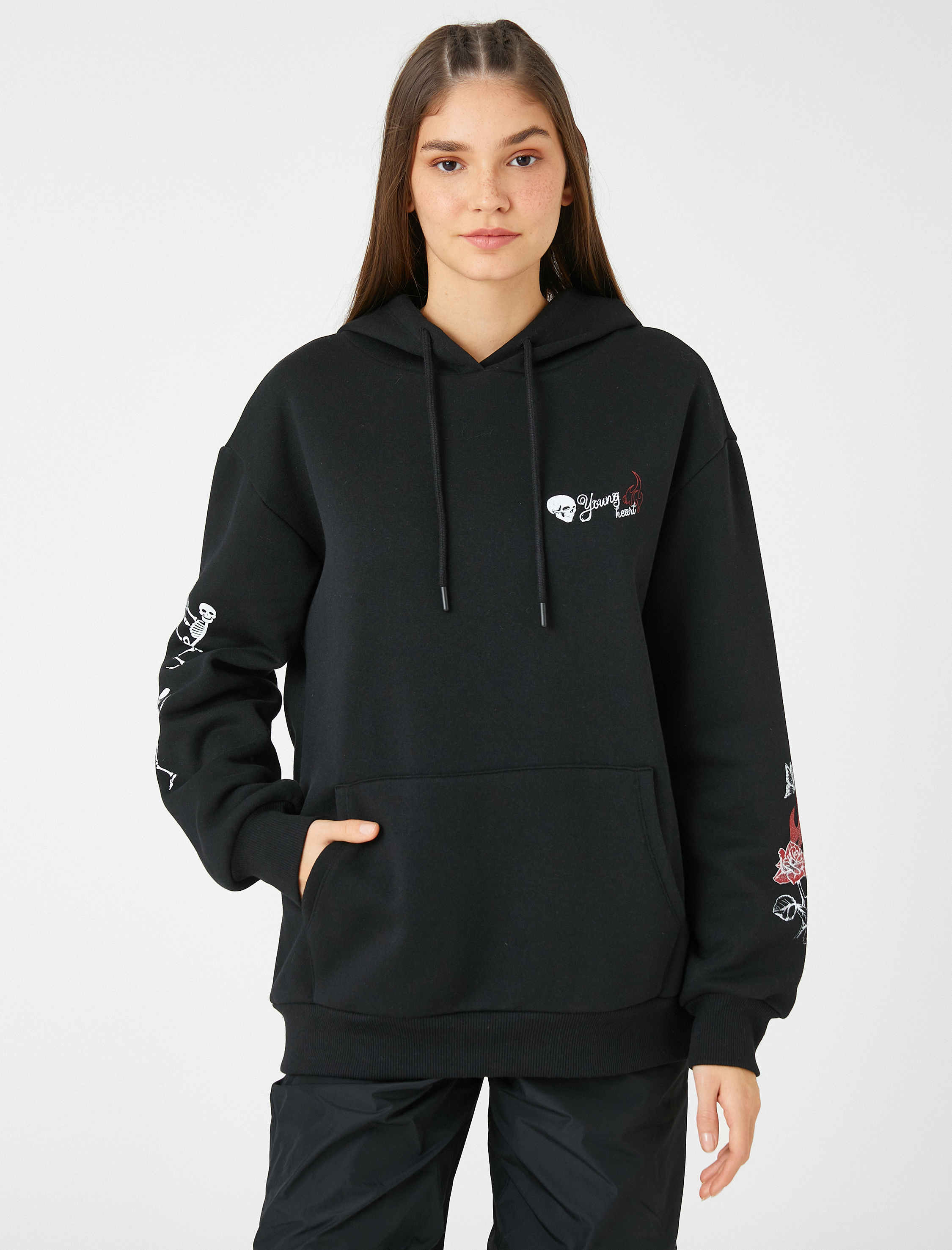   Şardonlu Oversize Sweatshirt Kapüşonlu Kanguru Cepli Baskılı