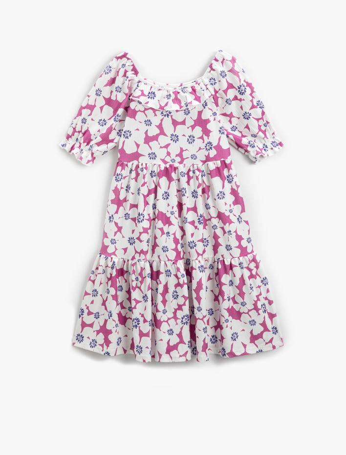Kız Çocuk Elbise Çiçekli Fırfırlı Kısa Kollu Katlı