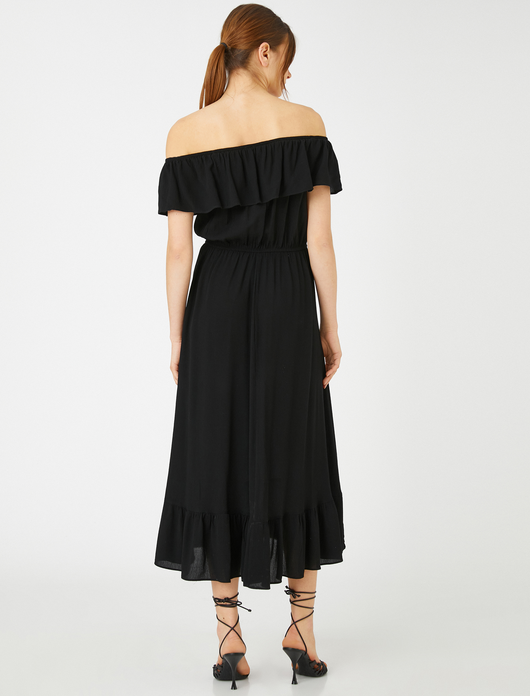   Midi Boy Viskon Elbise Omzu Açık Volanlı Beli Bağlamalı