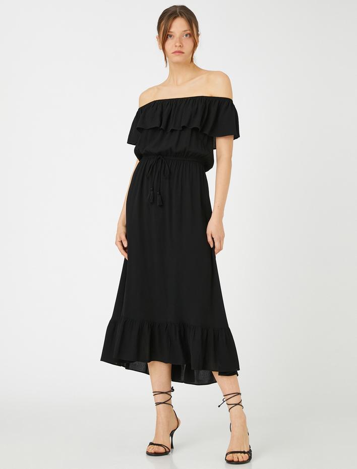  Midi Boy Viskon Elbise Omzu Açık Volanlı Beli Bağlamalı