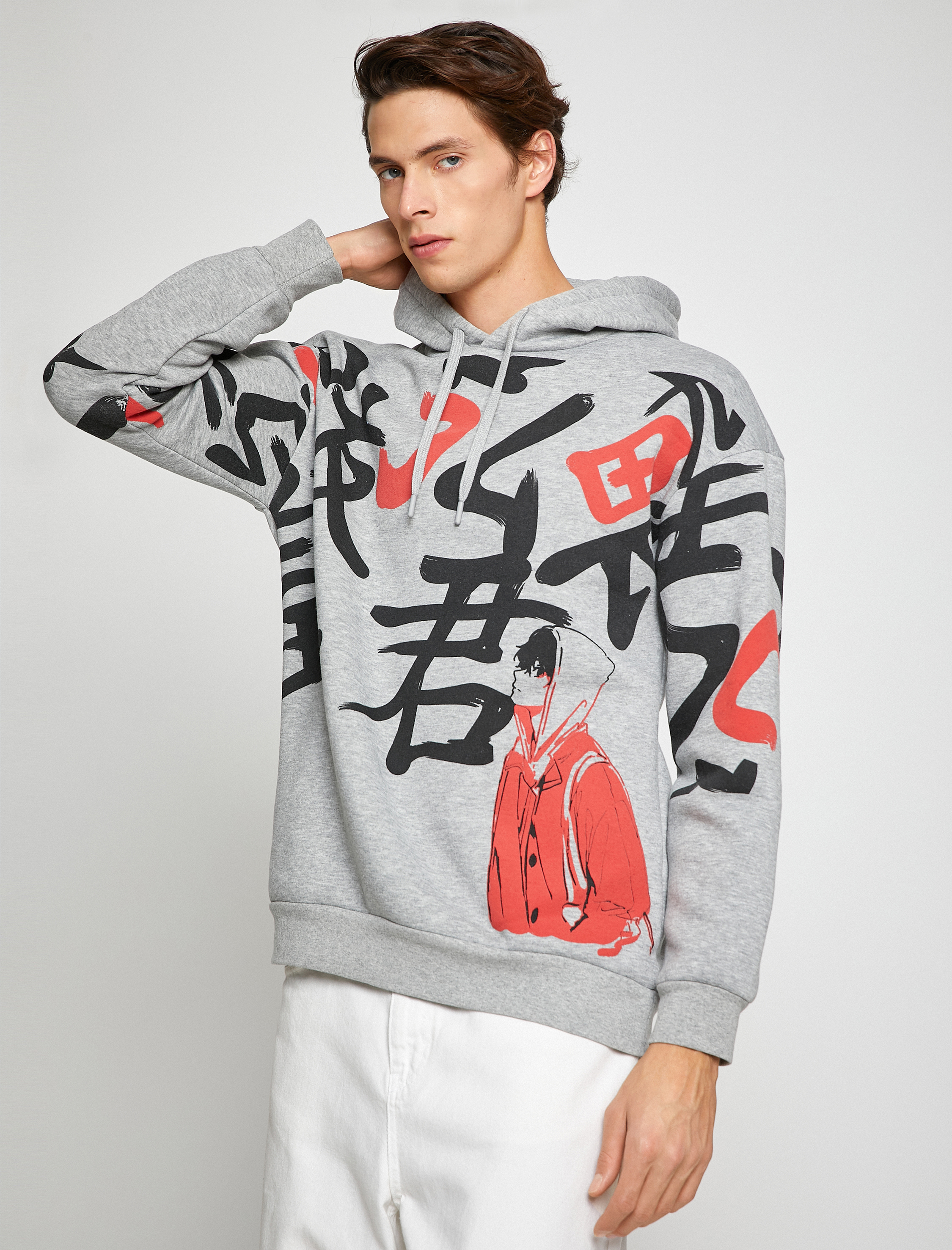   Basic Kapşonlu Oversize Sweatshirt Şardonlu Uzakdoğu Baskılı