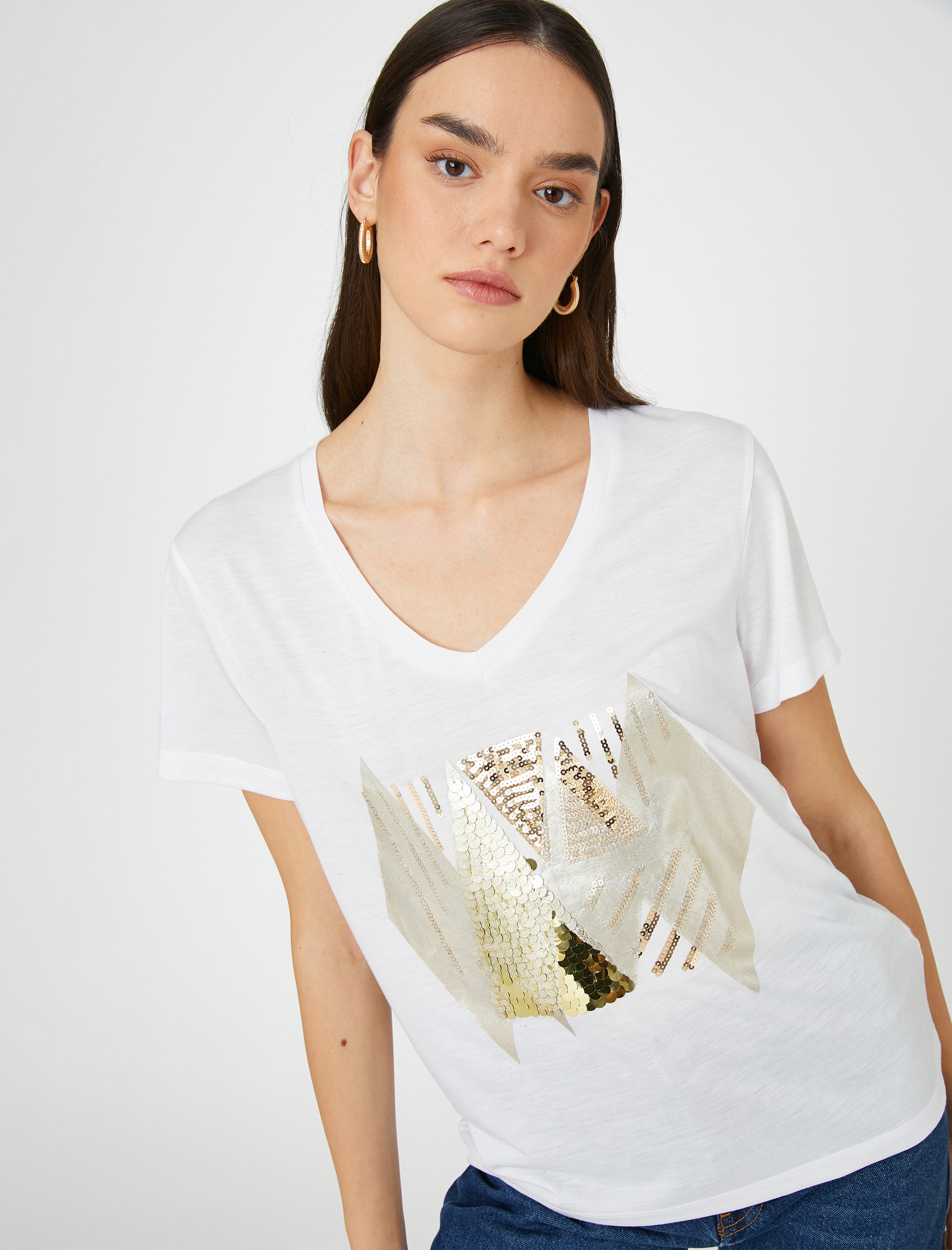   Payet Baskılı Tişört Relax Fit V Yaka Kısa Kollu