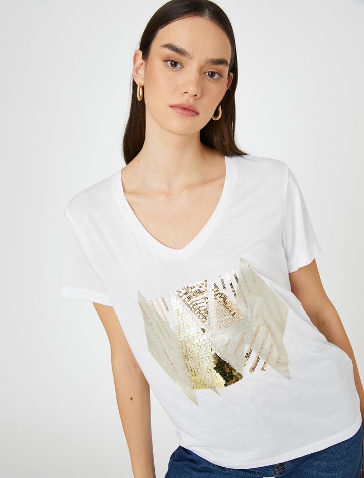  Payet Baskılı Tişört Relax Fit V Yaka Kısa Kollu