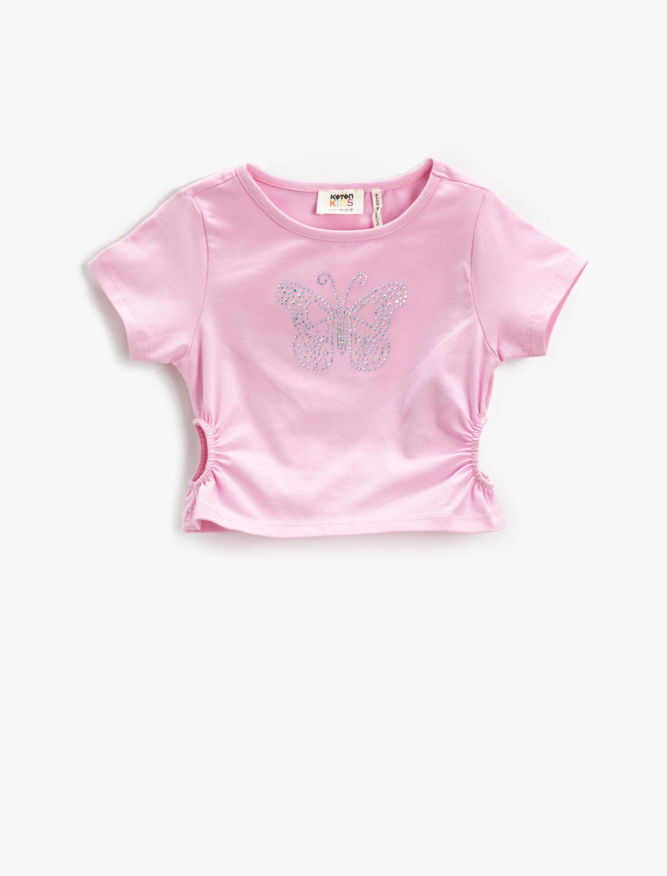  Kız Çocuk Crop Tişört Pencere Detaylı Kısa Kollu Bisiklet Yaka Kelebek İşlemeli