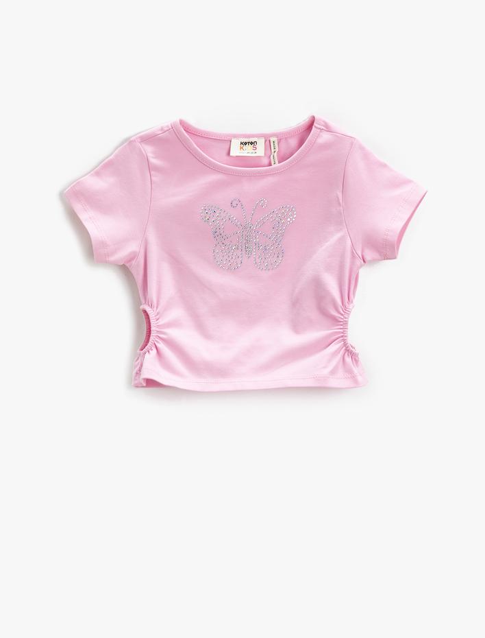 Kız Çocuk Crop Tişört Pencere Detaylı Kısa Kollu Bisiklet Yaka Kelebek İşlemeli