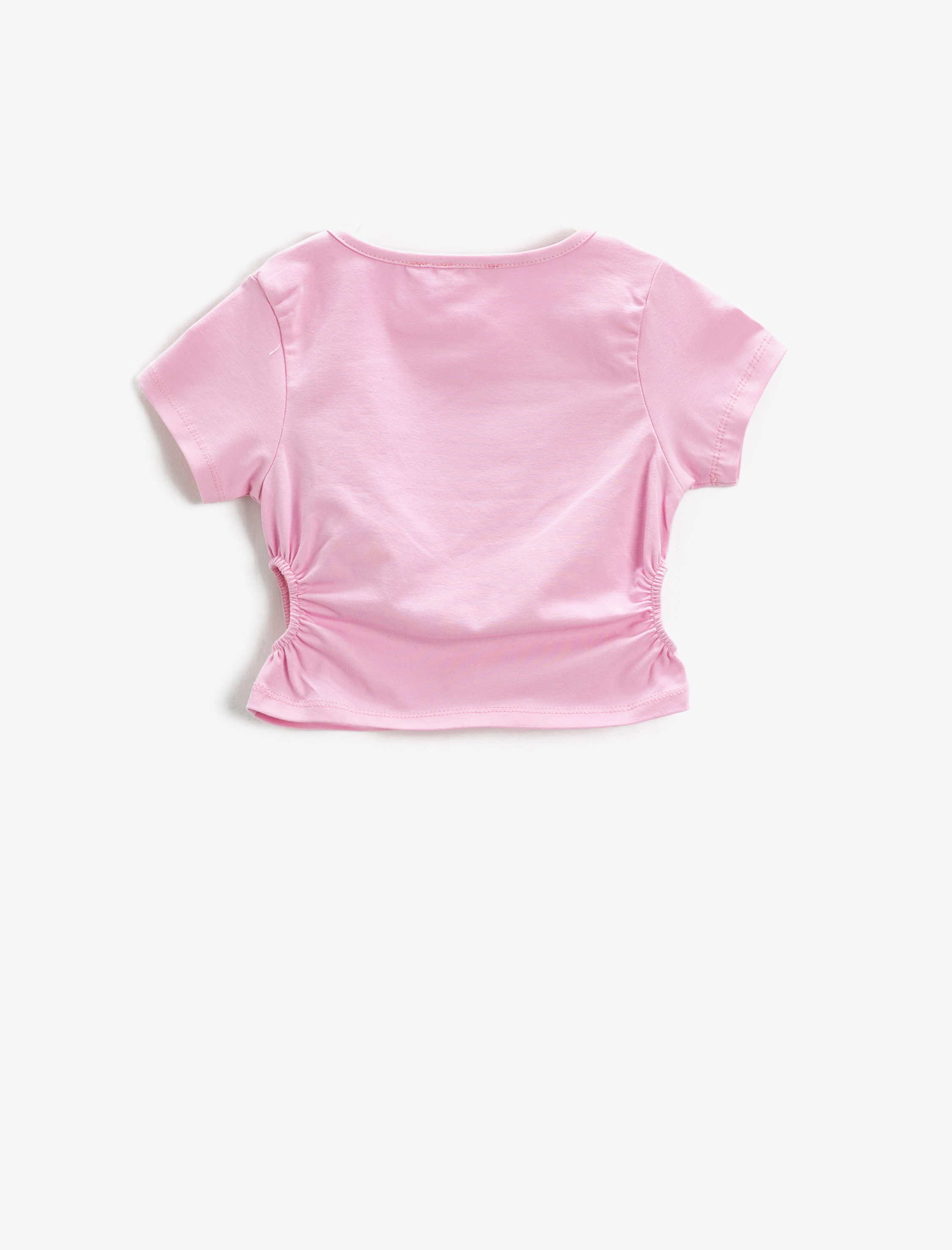  Kız Çocuk Crop Tişört Pencere Detaylı Kısa Kollu Bisiklet Yaka Kelebek İşlemeli