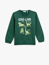 Dinozor Baskılı Sweatshirt Uzun Kollu Bisiklet Yaka