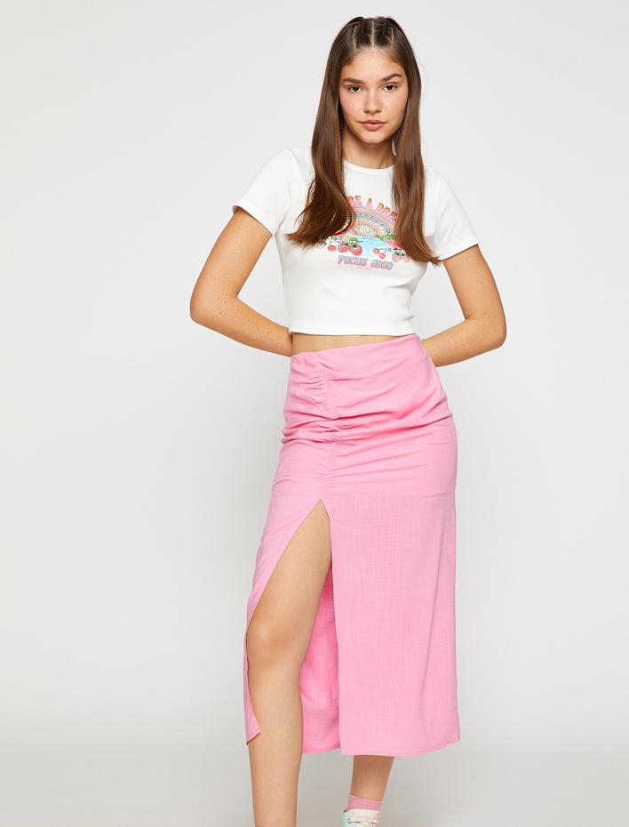  Midi Etek Büzgülü Yırtmaç Detaylı Yüksek Bel