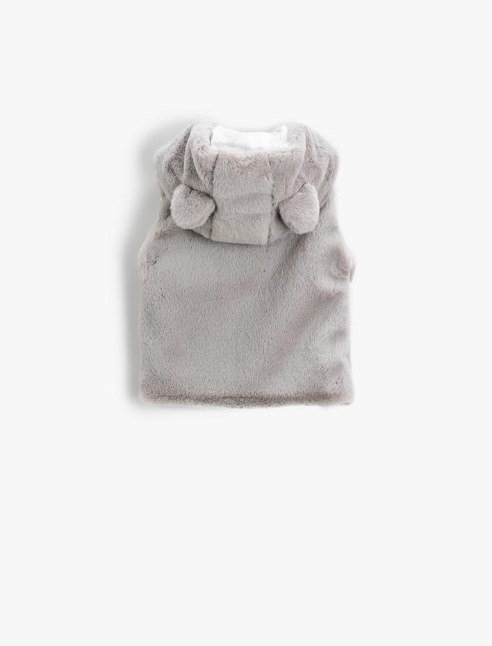 Kız Bebek Suni Kürk Kapşonlu Yelek Kulak Aplike Detaylı