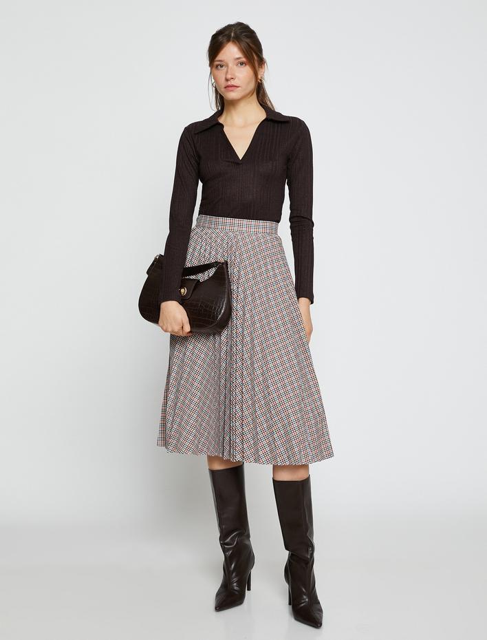  Ekoseli Piliseli Midi Etek