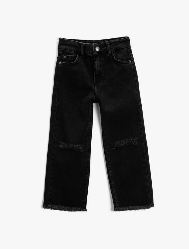  Kız Çocuk Bol Paça Kot Pantolon Pamuklu Cepli - Boot Cut Jean Beli Ayarlanabilir Lastikli