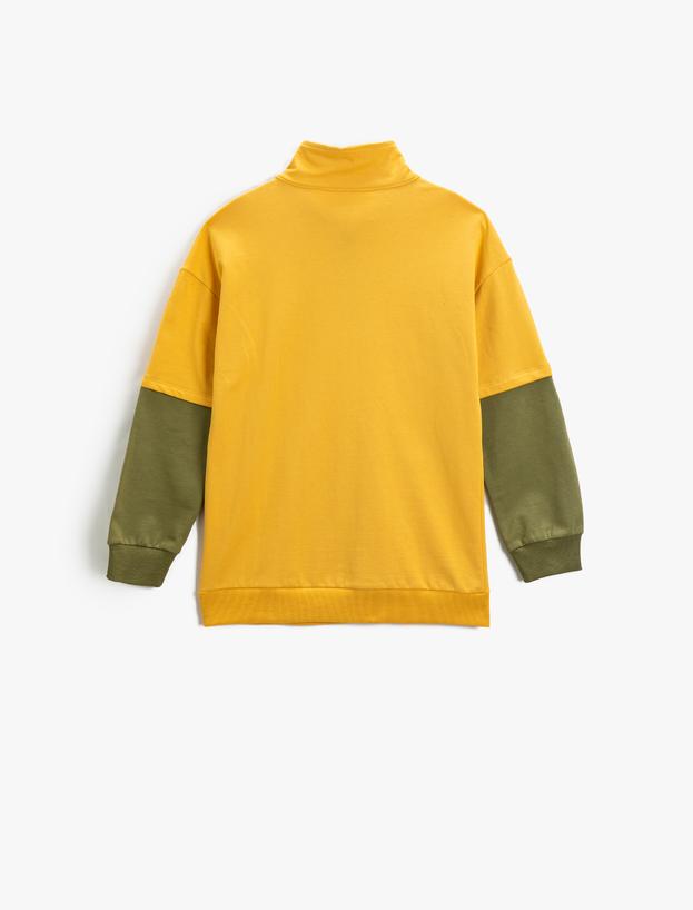  Erkek Çocuk Yarım Fermuarlı Sweatshirt Kanguru Cepli Renk Kontrastlı