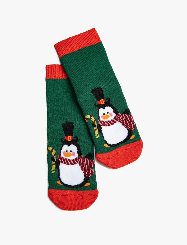 Erkek Çocuk Yılbaşı Temalı Havlu Çorap Penguen Desenli