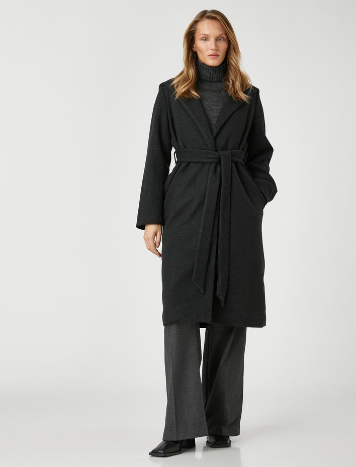  Kapüşonlu Uzun Kaşe Kaban Cepli Kuşaklı