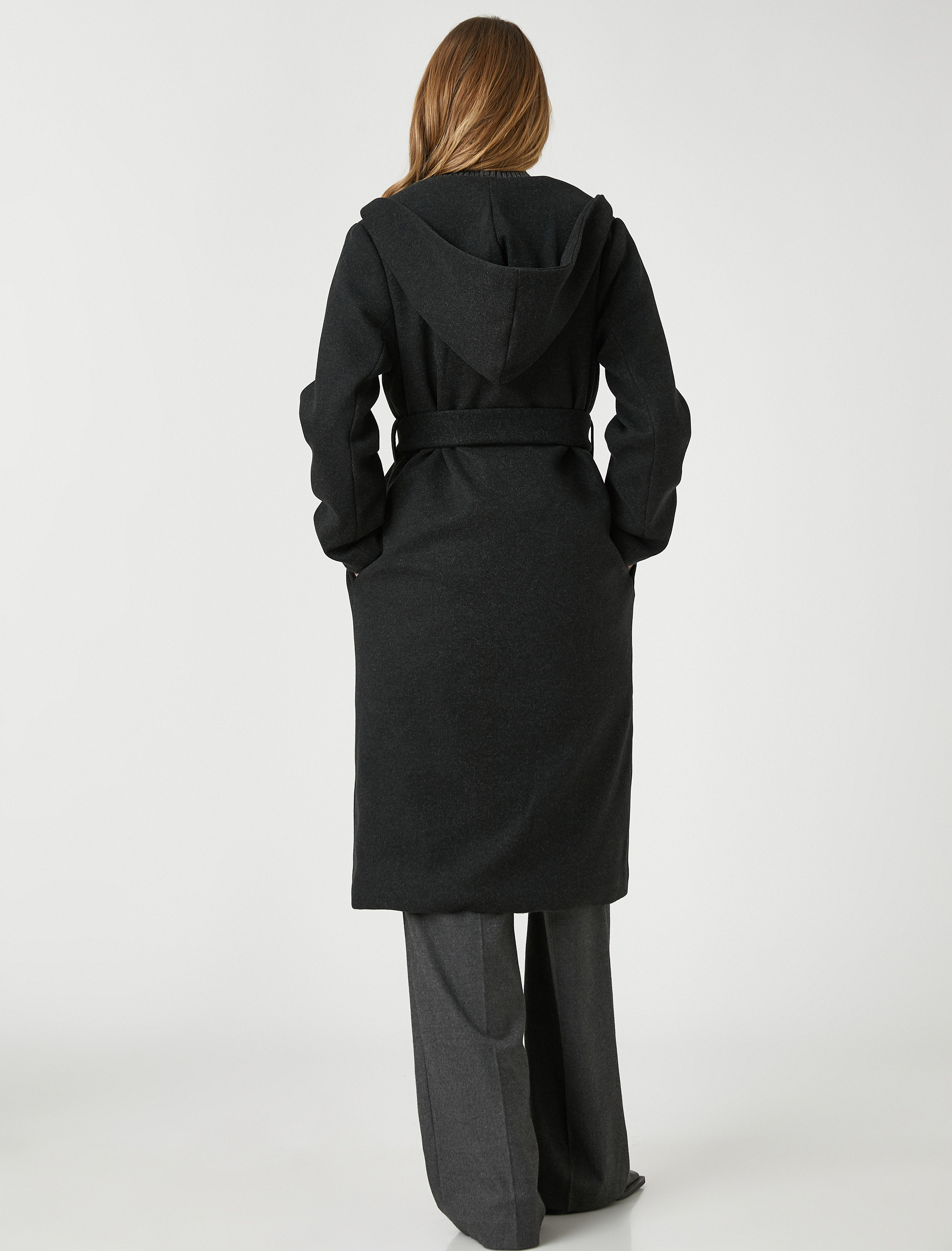   Kapüşonlu Uzun Kaşe Kaban Cepli Kuşaklı