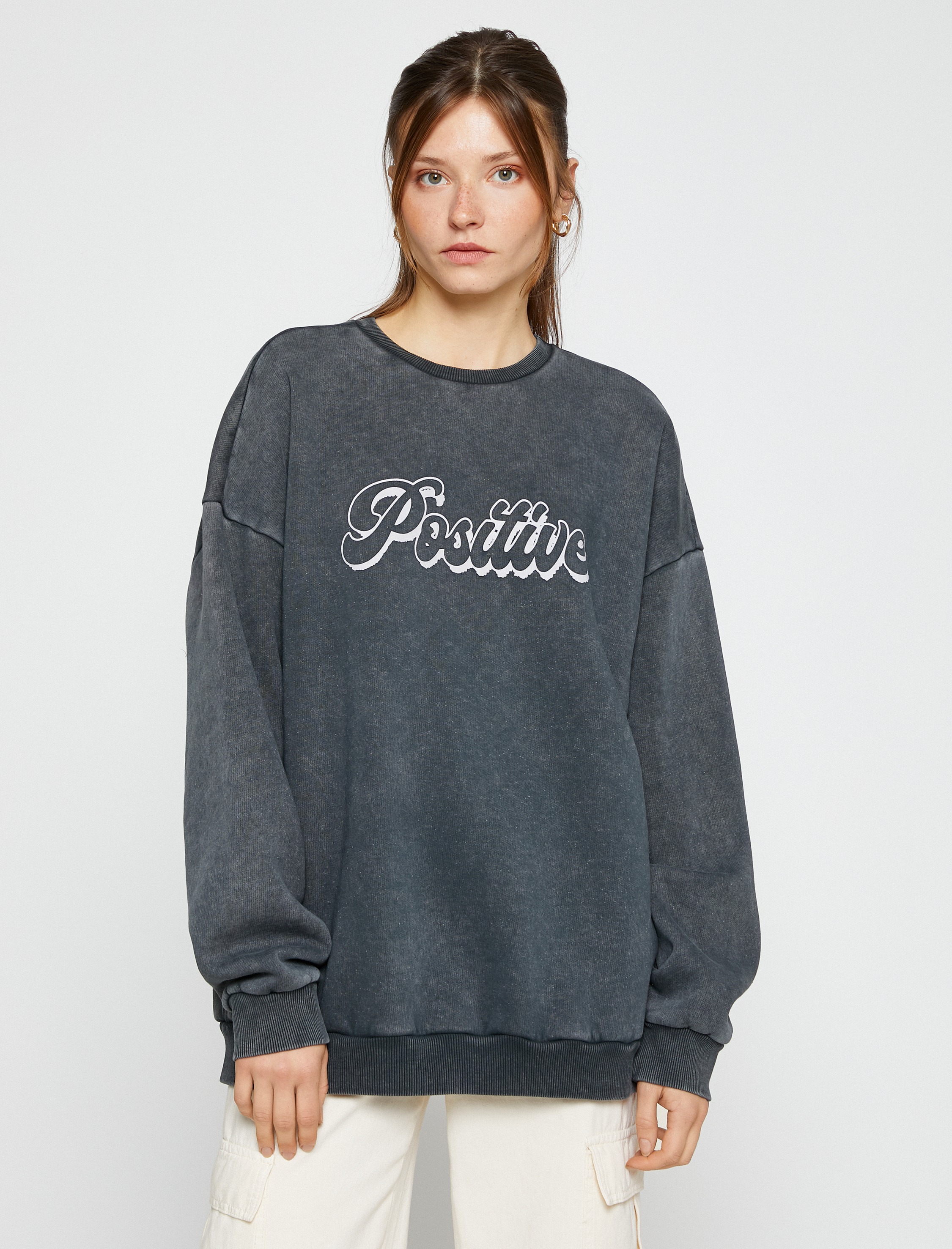   Oversize Sweatshirt Yazı Baskılı Bisiklet Yaka Pamuklu