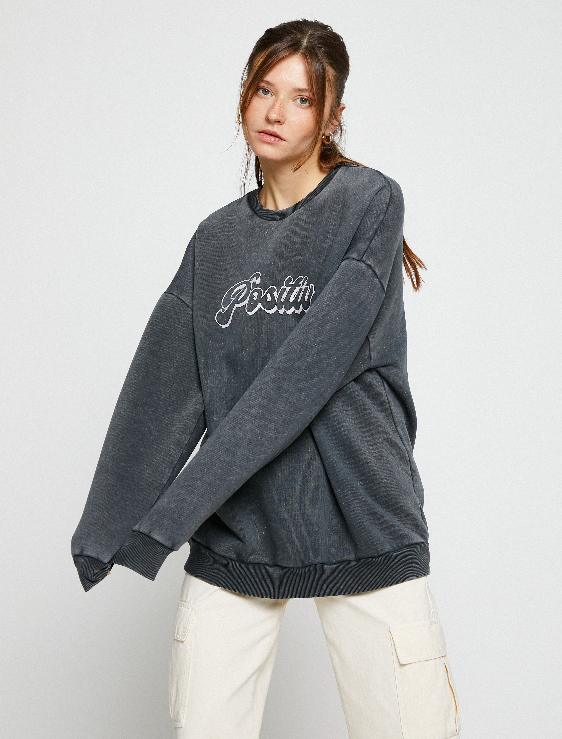   Oversize Sweatshirt Yazı Baskılı Bisiklet Yaka Pamuklu