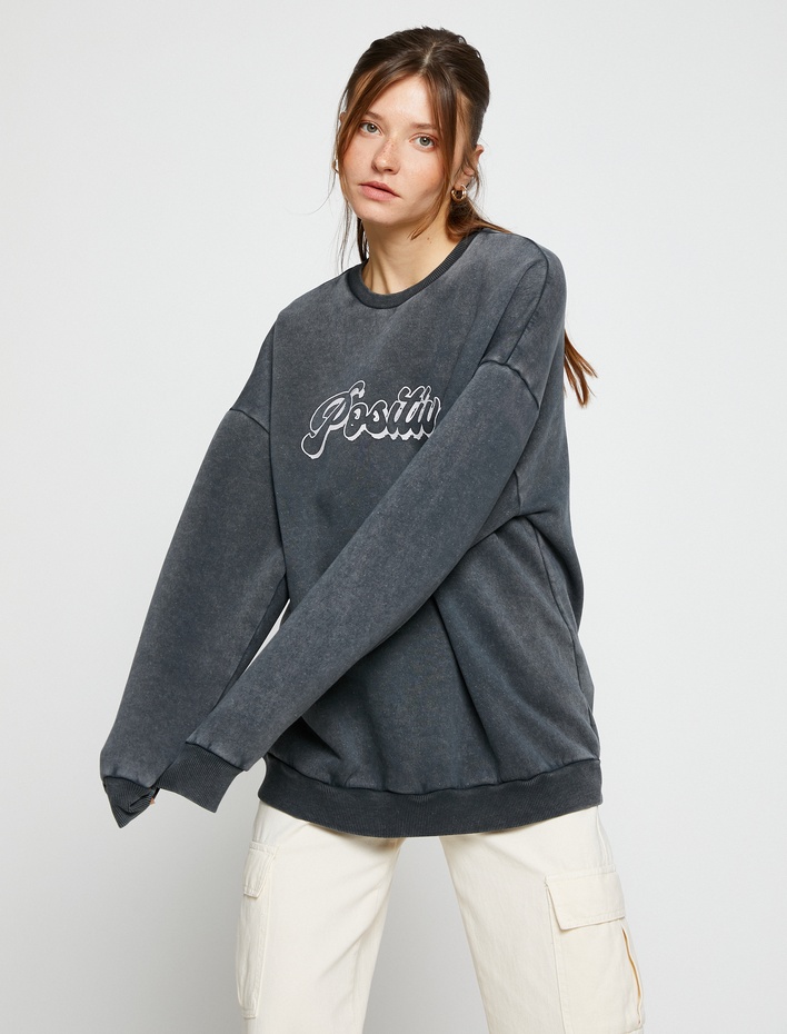  Oversize Sweatshirt Yazı Baskılı Bisiklet Yaka Pamuklu