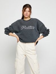 Oversize Sweatshirt Yazı Baskılı Bisiklet Yaka Pamuklu