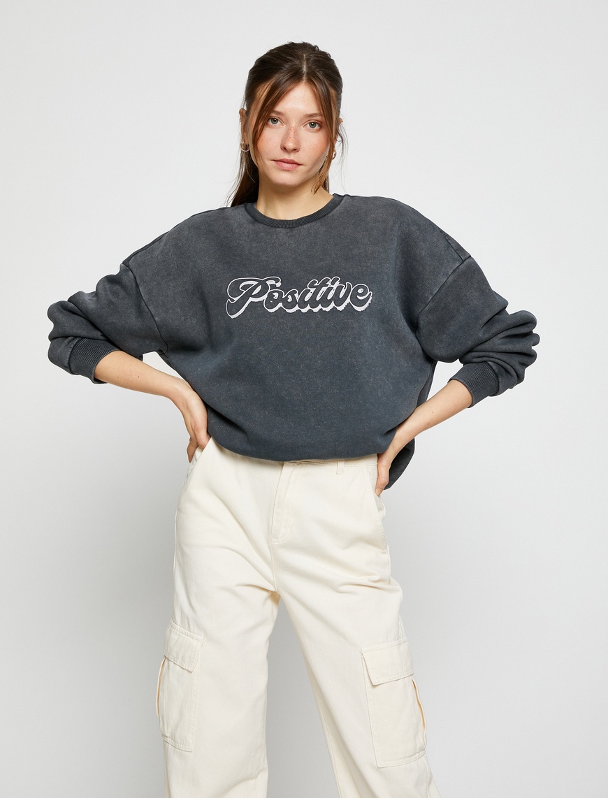   Oversize Sweatshirt Yazı Baskılı Bisiklet Yaka Pamuklu