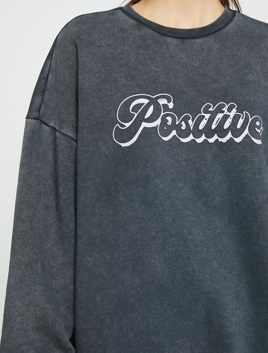   Oversize Sweatshirt Yazı Baskılı Bisiklet Yaka Pamuklu