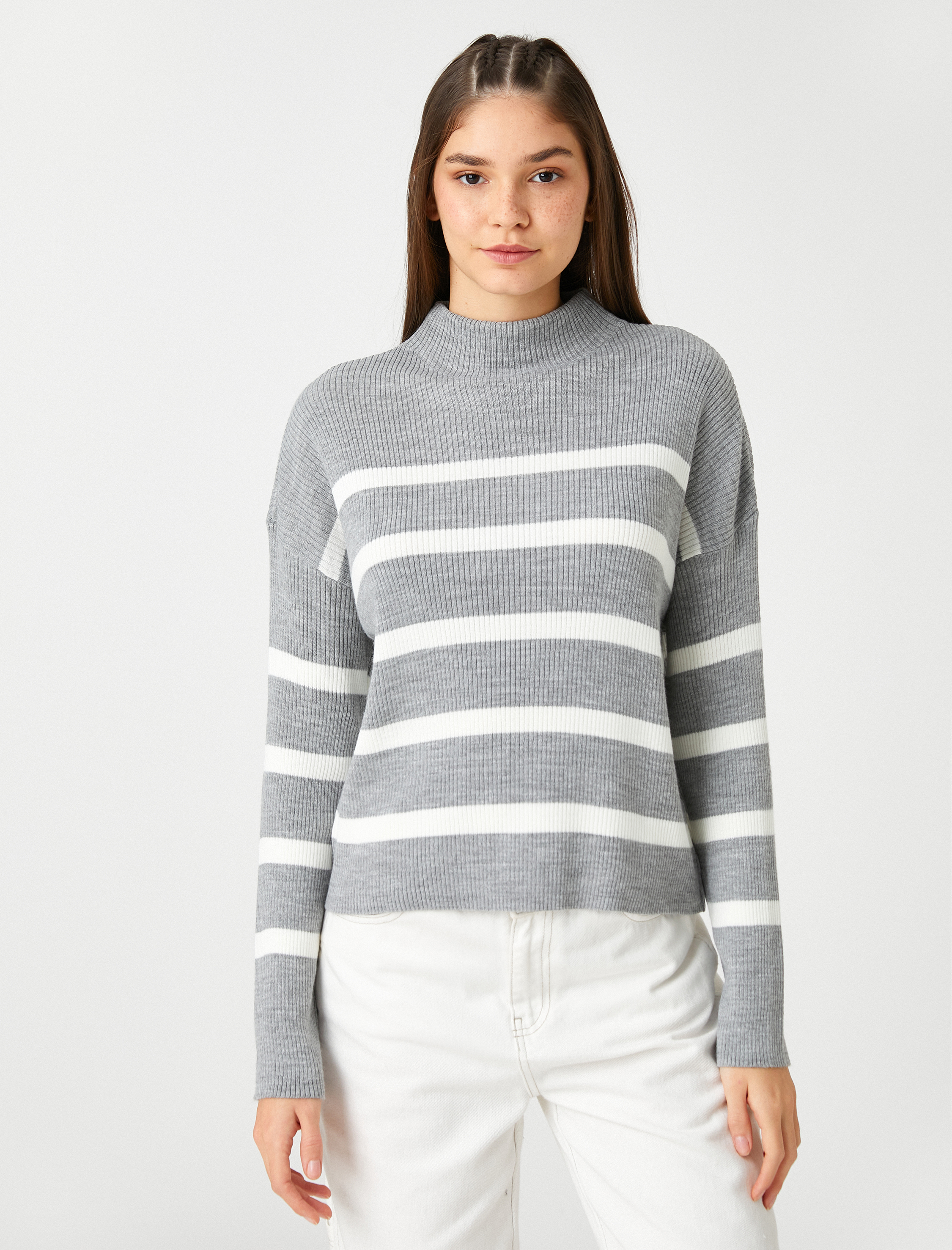   Çizgili Triko Kazak Yarım Balıkçı Yaka Uzun Kollu