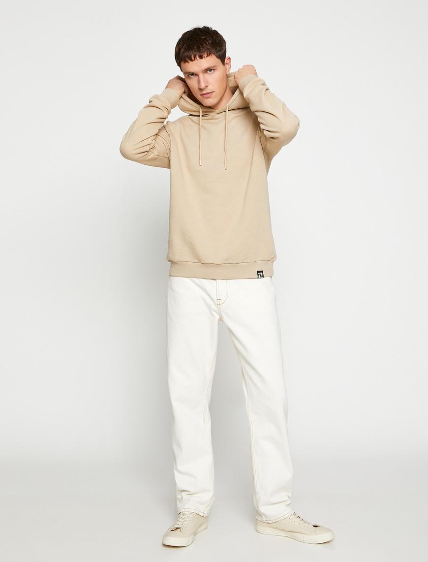   Basic Kapşonlu Sweatshirt Etiket Baskılı Uzun Kollu