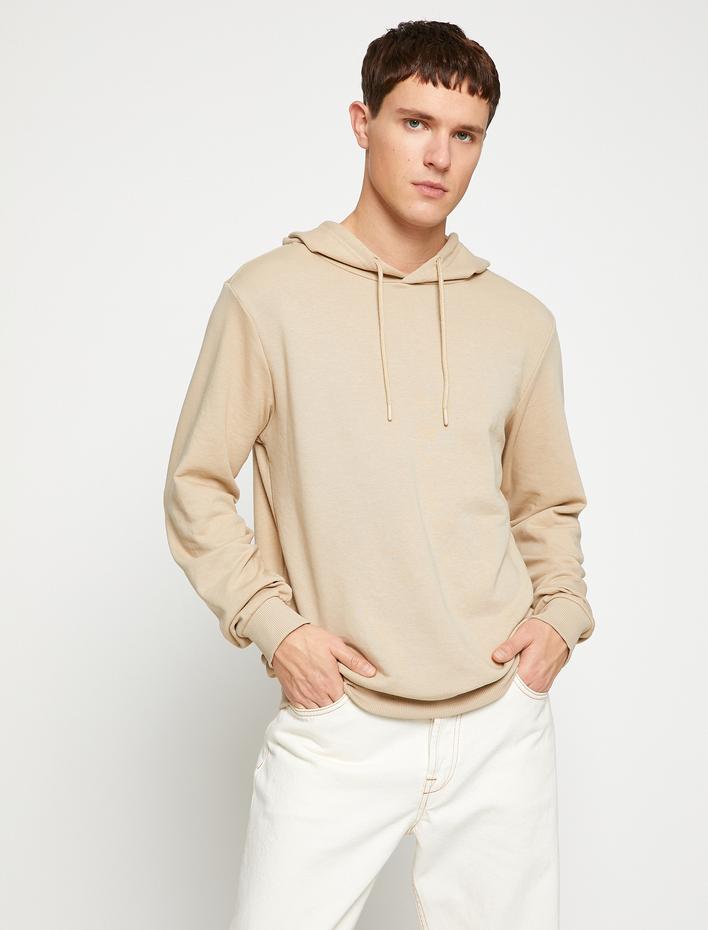  Basic Kapşonlu Sweatshirt Etiket Baskılı Uzun Kollu